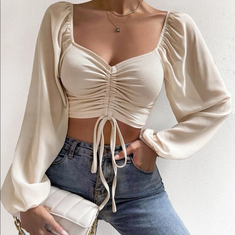 SHEIN sweetheart neck drawstring lantern sleeve crop top 💛⭐️
